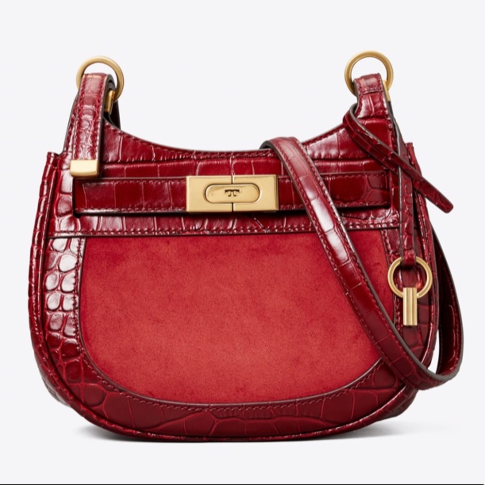 TORY BURCH LEE RADZIWILL SADDLE BAG CROC EMBOSSED LEATHER & SUEDE IN ROMA RED